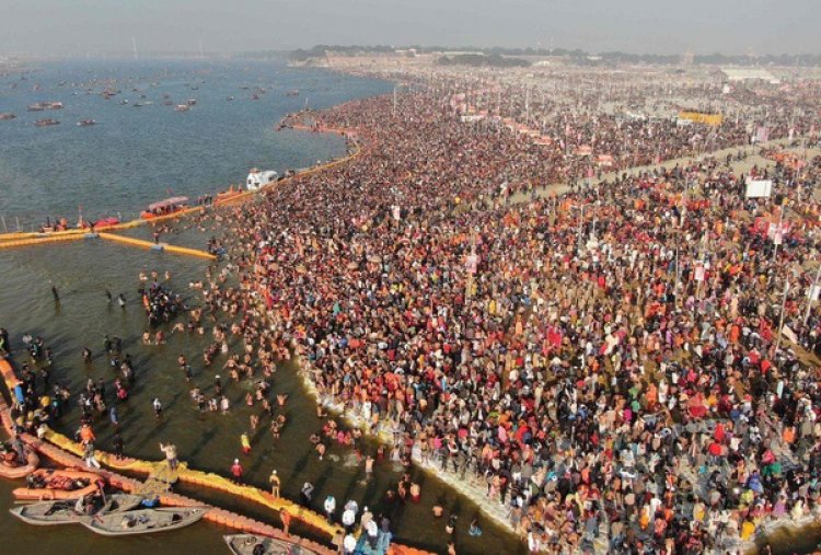 Kumbh Mela gathering noticeable from space. The 2011 Kumbh Mela was the biggest gathering of people with over 75 million pilgrims. The gathering was so enormous that the crowd was visible from space.